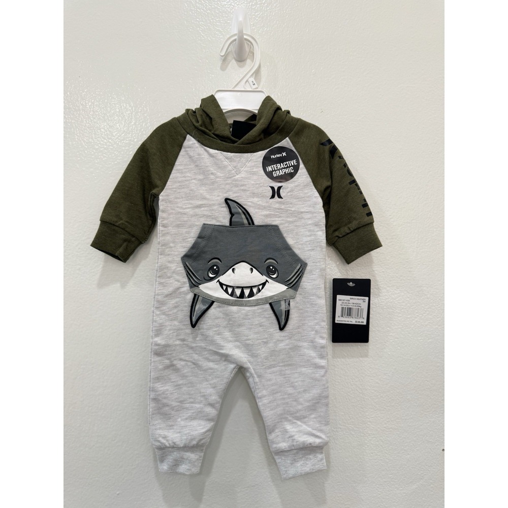 Hurley Baby Boys 3M Shark Hooded Romper Interactive Graphic One Piece‎ NWT